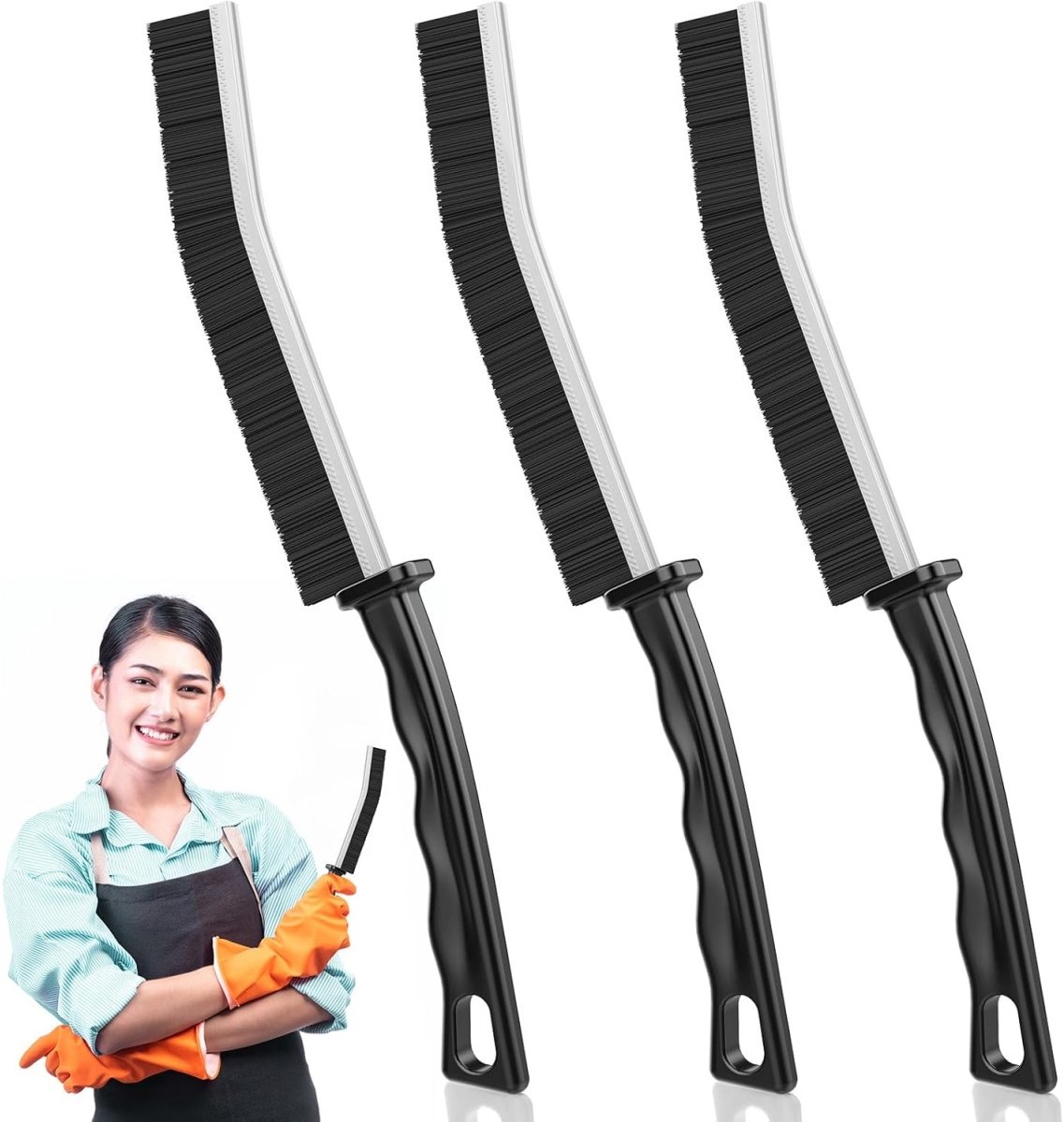 TOVBMUP Borstel - Reinigingsborstel - Kierenborstel - Voor raamopeningen, Badkamer, Toilet, Keuken - 23*25cm - Zwart - 3 stuks