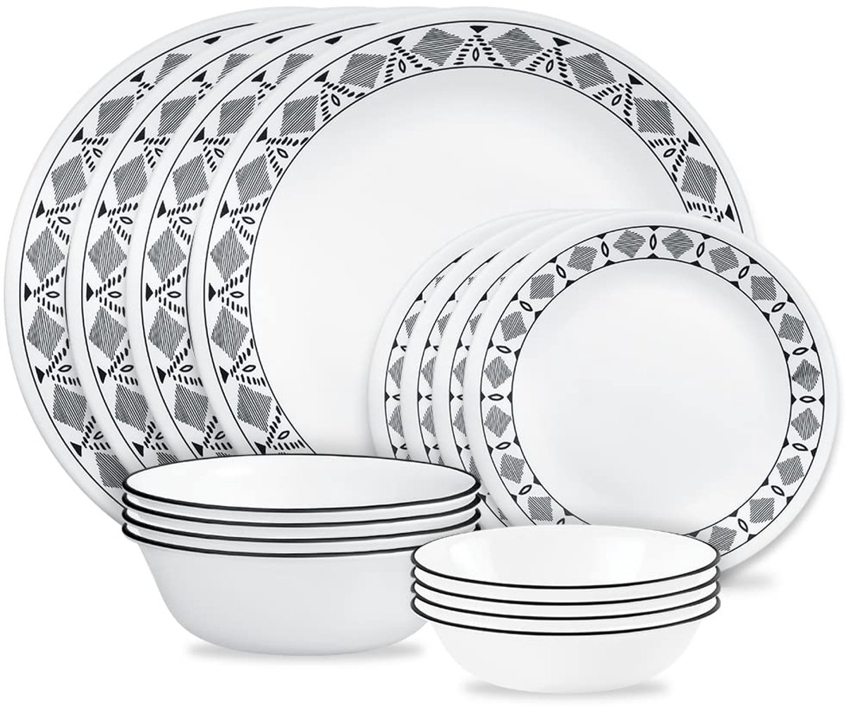 Corelle Cusco serviesset van 16 stuks, 8 borden, 8 kommen, stoot- en breekbestendig, dinerborden en kommen, Corelleware borden, wit