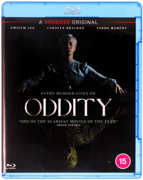 Blu-ray hoes van de film Oddity met een vrouw op de voorgrond en de titel ODDITY.