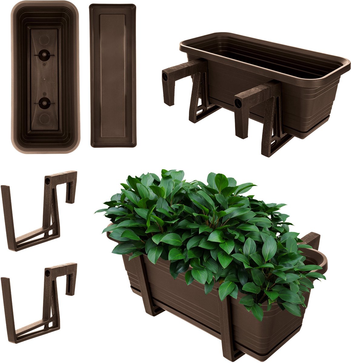KADAX Bloembak met onderzetter, met of zonder bloembakhouders, kunststof balkonpot, plantenbak, balustrade, bloempot (mokka, 40 cm + houders)