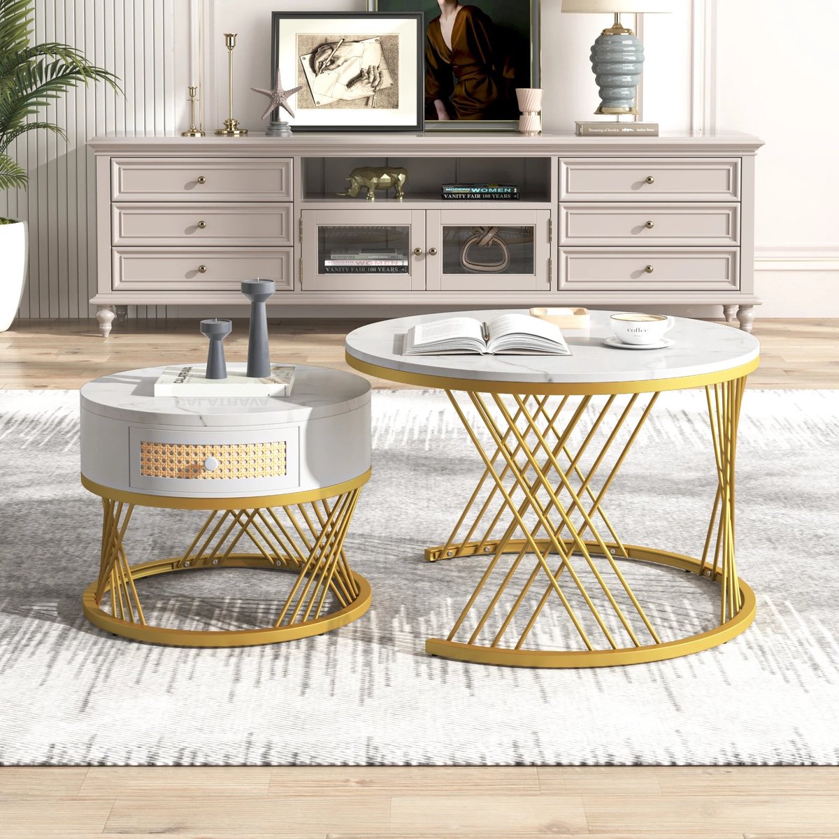 Corenia Salontafel Set – Bijzettafel – Ronde Tafel – Woonkamermeubel – MDF Marmerprint – Lade Opbergruimte – Metalen Gouden Pooten