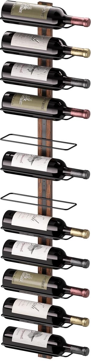 Ibenzoa® Metalen Wijnrek voor Wandmontage met Houten Accenten voor 12 Flessen, Zwart Design