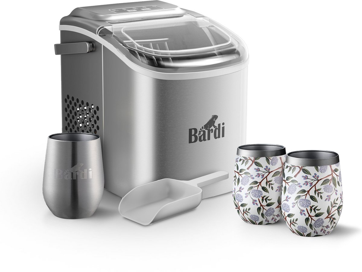 Bardi Deluxe ijsblokjesmachine set – 1,2L – RVS – Inclusief 3 Luxe Thermosbekers en ijsschep – White Flower