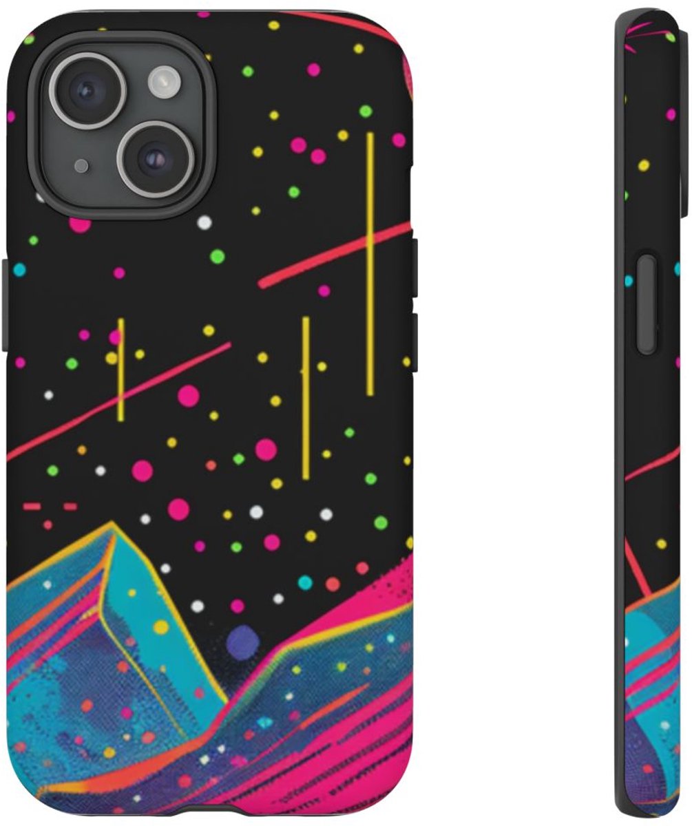 Neon Kosmisch Landschap met Planeten en Zon – Telefoonhoesje Geschikt voor iPhone 15