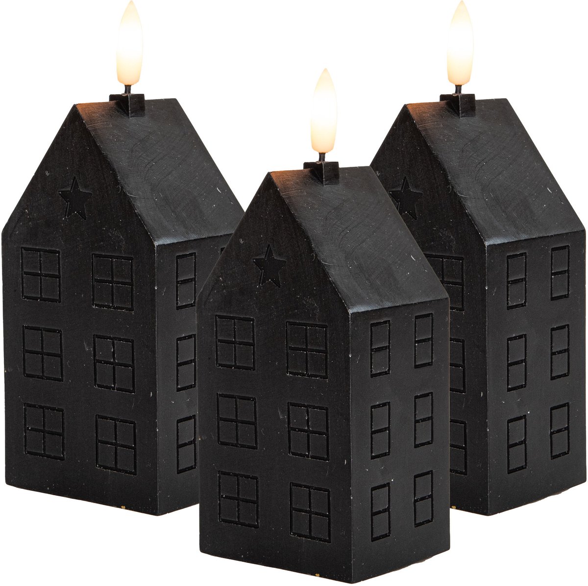 Anna's Collection LED kaars huisje - 3x - zwart - H15 cm - met timer - op batterijen