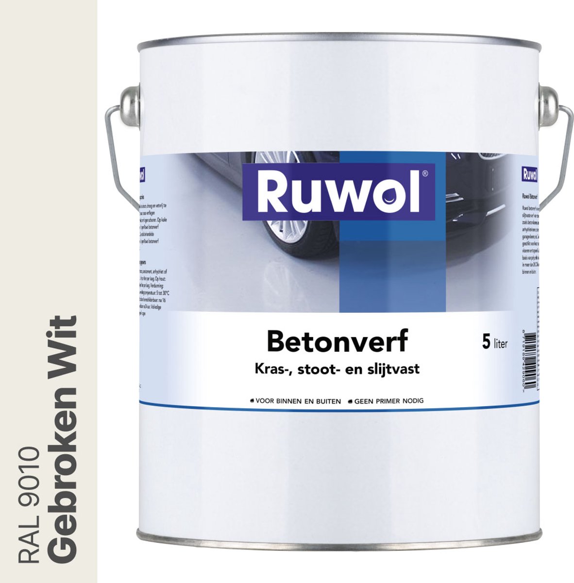 Ruwol Betonverf Gebroken Wit (RAL 9010) 5 liter - Voor binnen en buiten - Alle kleuren - Kras-, stoot- en slijtvaste verf voor beton en steen - Betonverf voor buiten