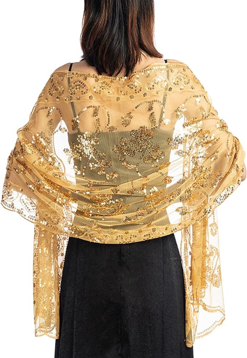 Dames geborduurde glitter sjaal dunne vintage bloemen sjaal wikkel met pailletten voor bruiloft avondjurken