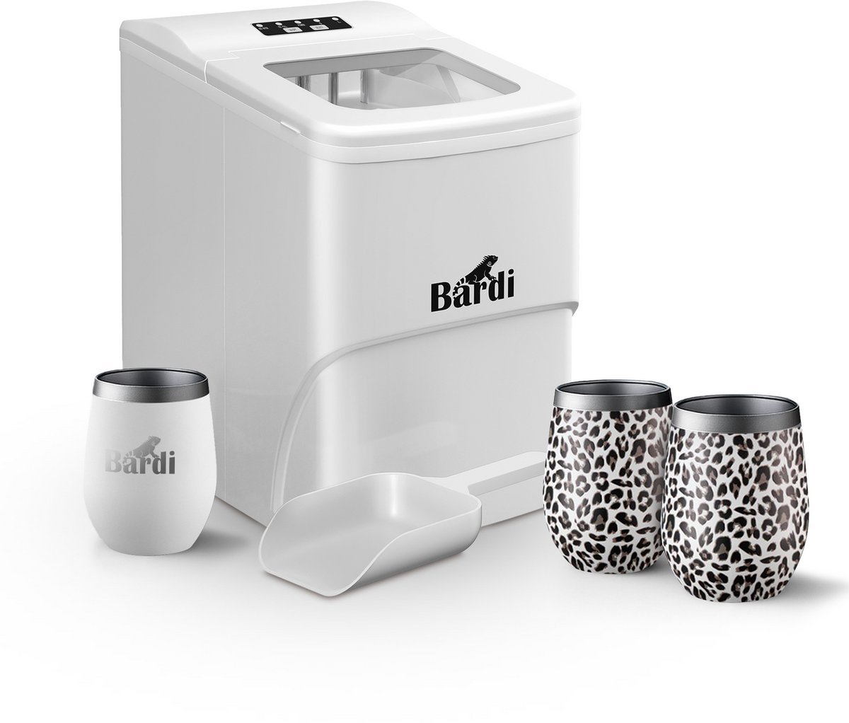 Bardi Deluxe ijsblokjesmachine set – 2L – Wit– Inclusief 3 Luxe Thermosbekers en ijsschep – Leo