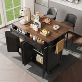 Îlot de cuisine, desserte avec plan de travail coulissant, meuble de cuisine, desserte de cuisine, desserte pour îlot de cuisine, desserte avec quatre portes et deux tiroirs, desserte avec veinage de bois, noir