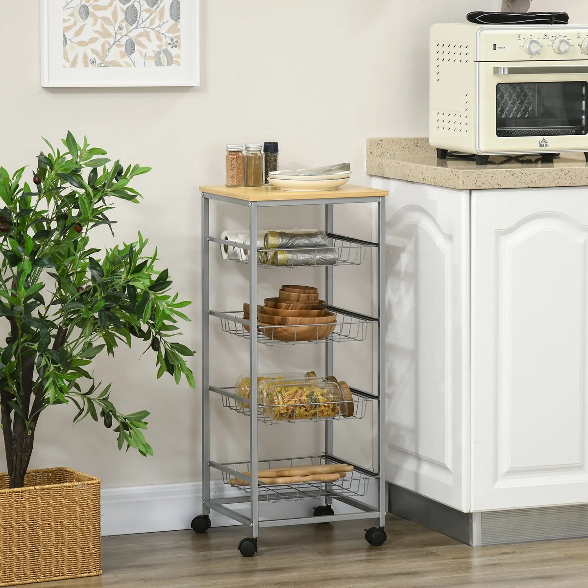 Pugsdrly Keukentrolley met 4 niveaus Keukenrek met metalen manden, multifunctionele trolley op wieltjes, opbergwagen voor keuken, badkamer, kantoor, woonkamer, zilver