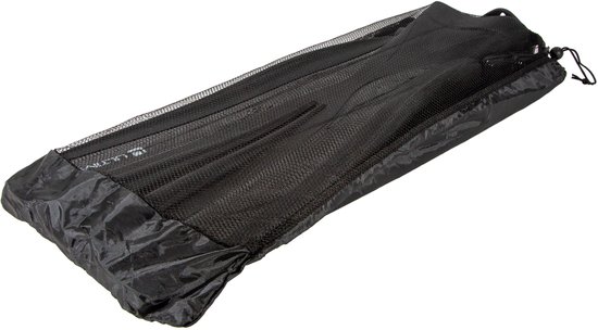 Zwarte mesh draagtas met trekkoord, voor zwemvliezen.