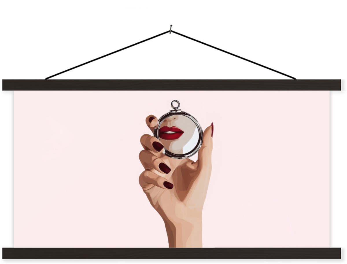 Posterhanger incl. Poster 120x60 cm - Schoolplaat - Spiegel - Rode lippen - Textielposter