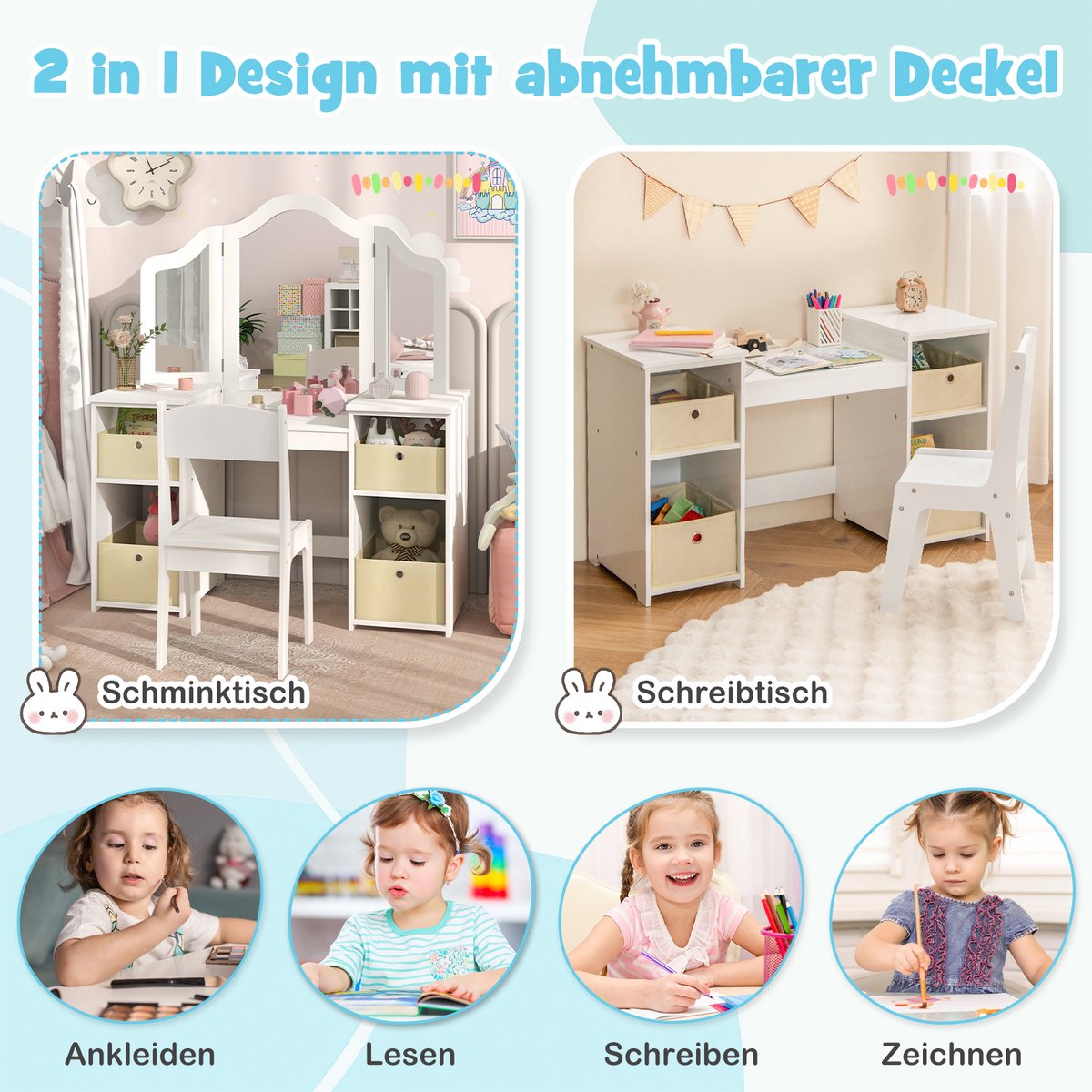Costway 2-in-1 Kaptafel Kind - Make-uptafel & Bureau voor Meisjes - Wit — afbeelding 10