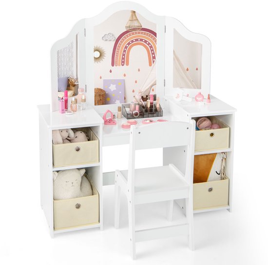 COSTWAY 2-in-1 Kinderkaptafel en Bureau Met Afneembare Spiegel, Open Vakken, Houten Kaptafel Met Stoel, Wit