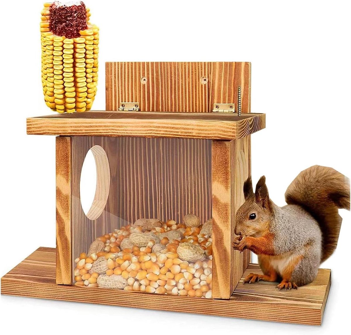 Allecto Plus - Eekhoorn Voedsel Feeder Huis met Maïskolf Houders voor Achtertuin en Tuin - Houten Eekhoorn Feeder Box
