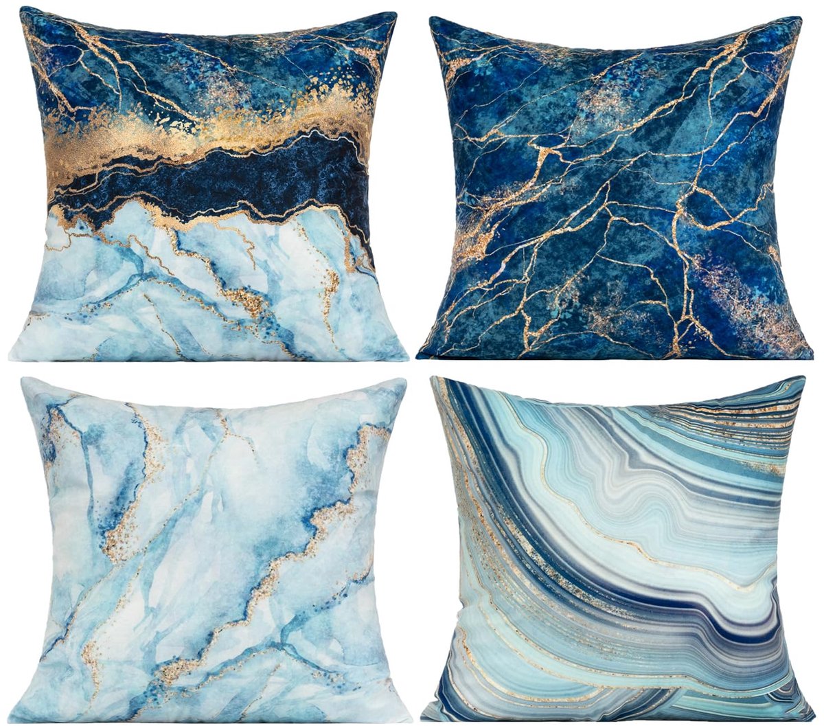 Ibenzoa Set van vier decoratieve kussenhoezen in blauw en goud voor huis en kantoor