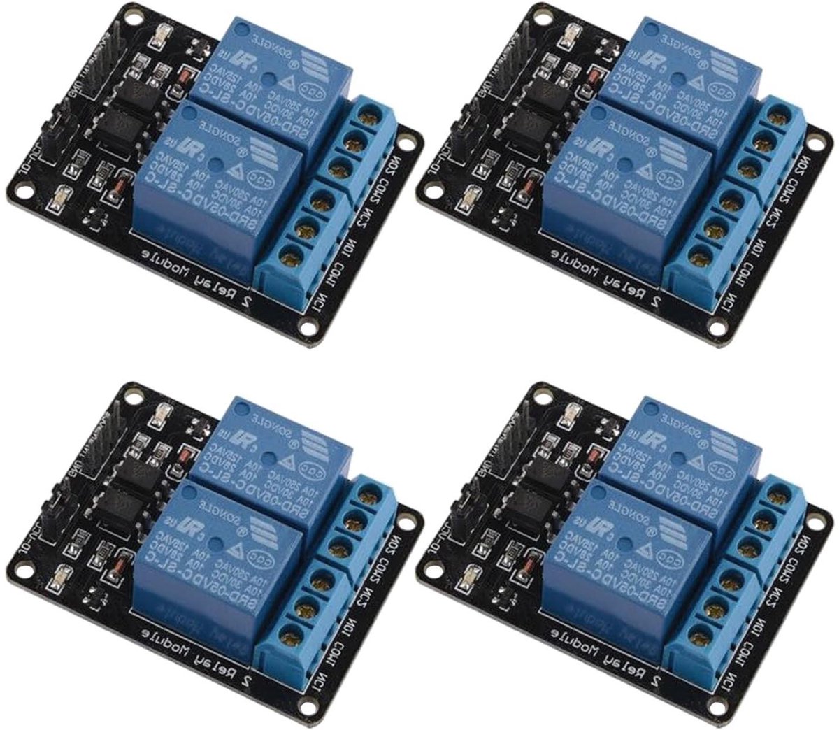 Image of 2-Kanaals Relaismodule Set van 4 voor Raspberry Pi en Arduino - 5V Zwart met Optische Koppeling