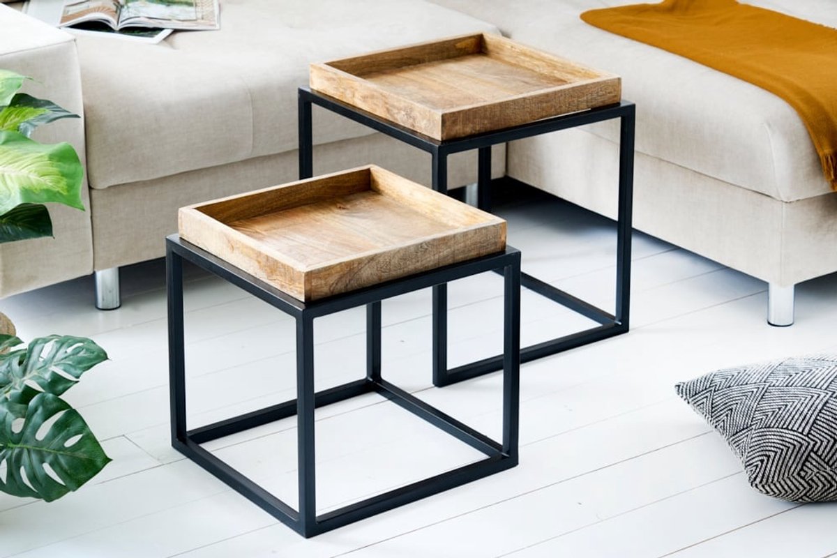 Invicta Interior industrieele bijzettafel set van 2 SERVITEUR 45 cm metalen salontafel van natuurlijk mangohout - 42575 Zie omschrijving