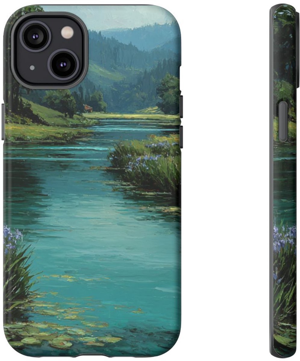 Blauwe Iris Rivierlandschap – Telefoonhoesje Geschikt voor iPhone 14 Plus