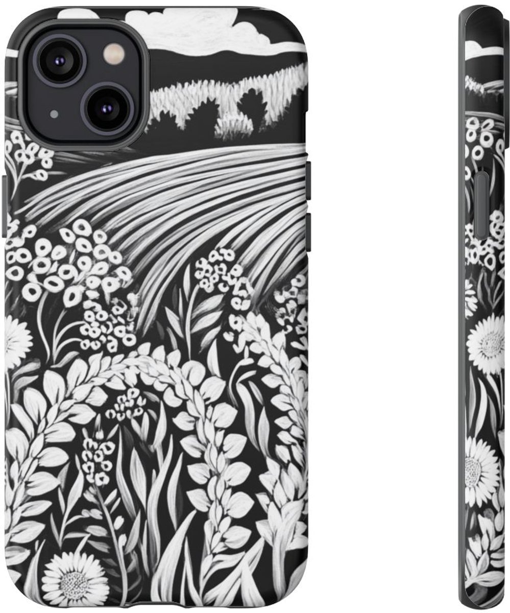 Zwart-Wit Folklore Bloemenlandschap – Telefoonhoesje Geschikt voor iPhone 14 Plus