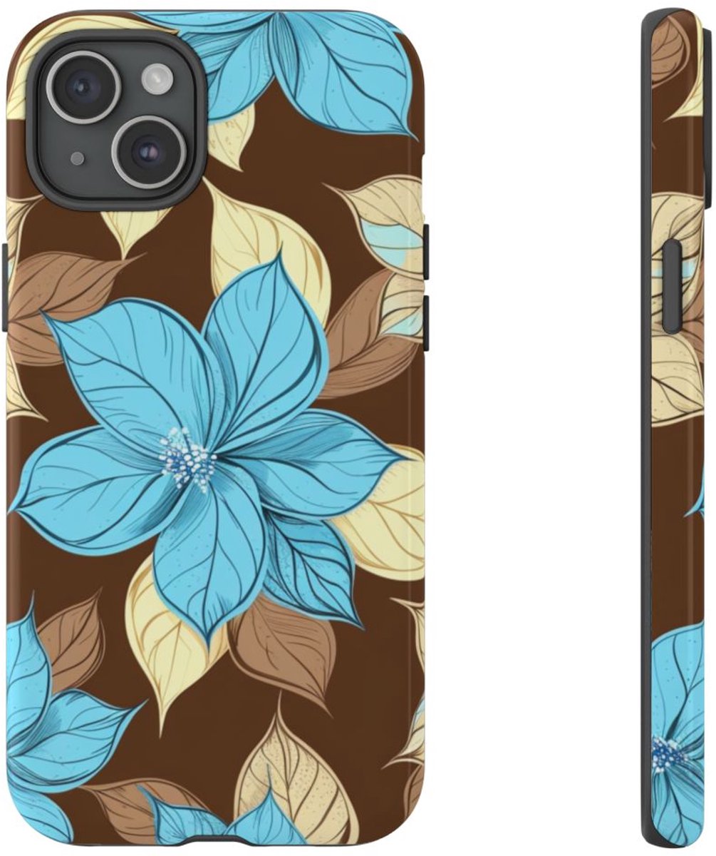 Turquoise en Beige Bloemenpatroon – Telefoonhoesje Geschikt voor iPhone 15 Plus