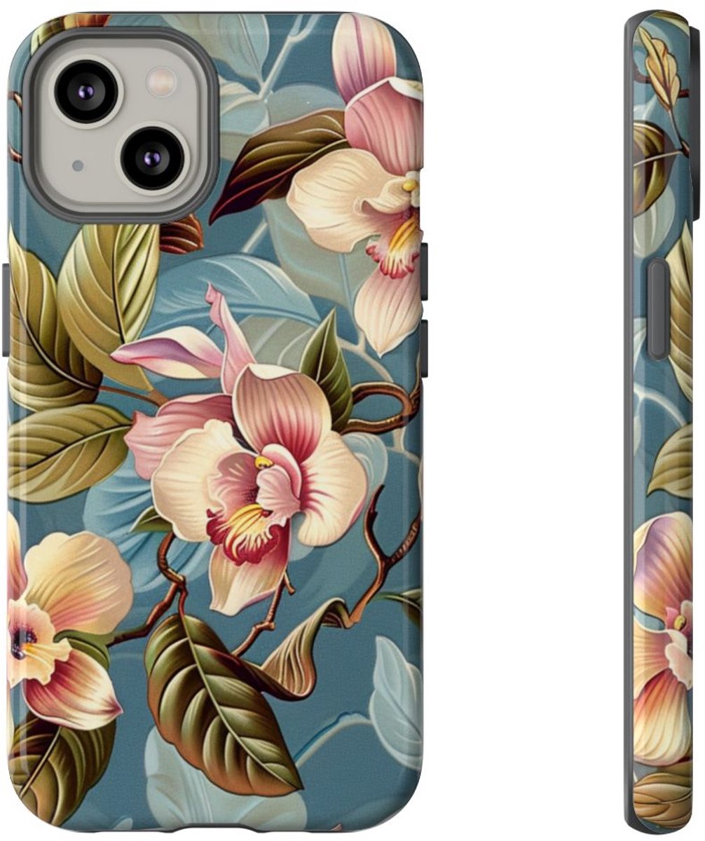 Orchideeën Bloemenpatroon op Blauwe Achtergrond – Telefoonhoesje Geschikt voor iPhone 14