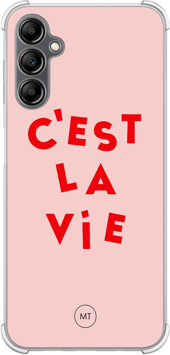 Hoesje (shockproof) geschikt voor Samsung Galaxy A14 5G - C'est la vie - Extra sterke case - TPU/polycarbonaat - Tekst - Roze, Transparant