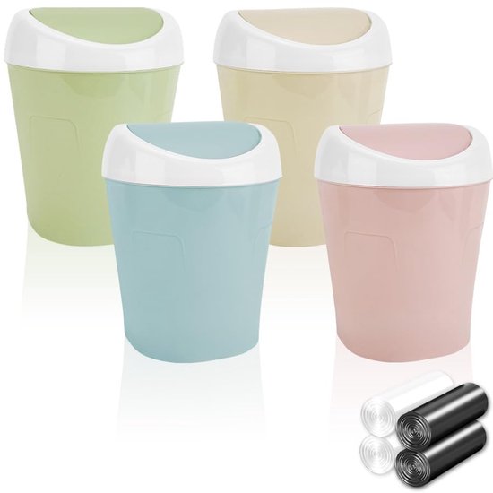 TIE-DailyNec Mini Prullenbak, poubelle de table avec couvercle, poubelle de table en plastique, poubelle de bureau avec couvercle rotatif pour salles de bains, bureaux, salles d'étude, commodes (beige, rose, bleu, vert)