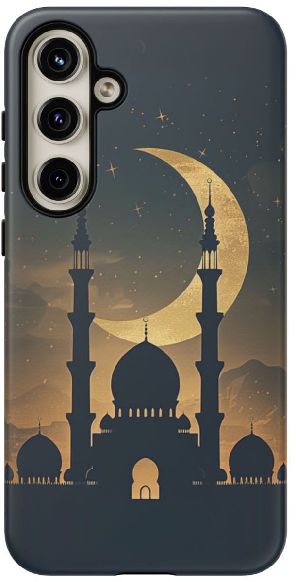 Sikkelmaan en Moskee Silhouet – Telefoonhoesje Geschikt voor Galaxy S24 Plus