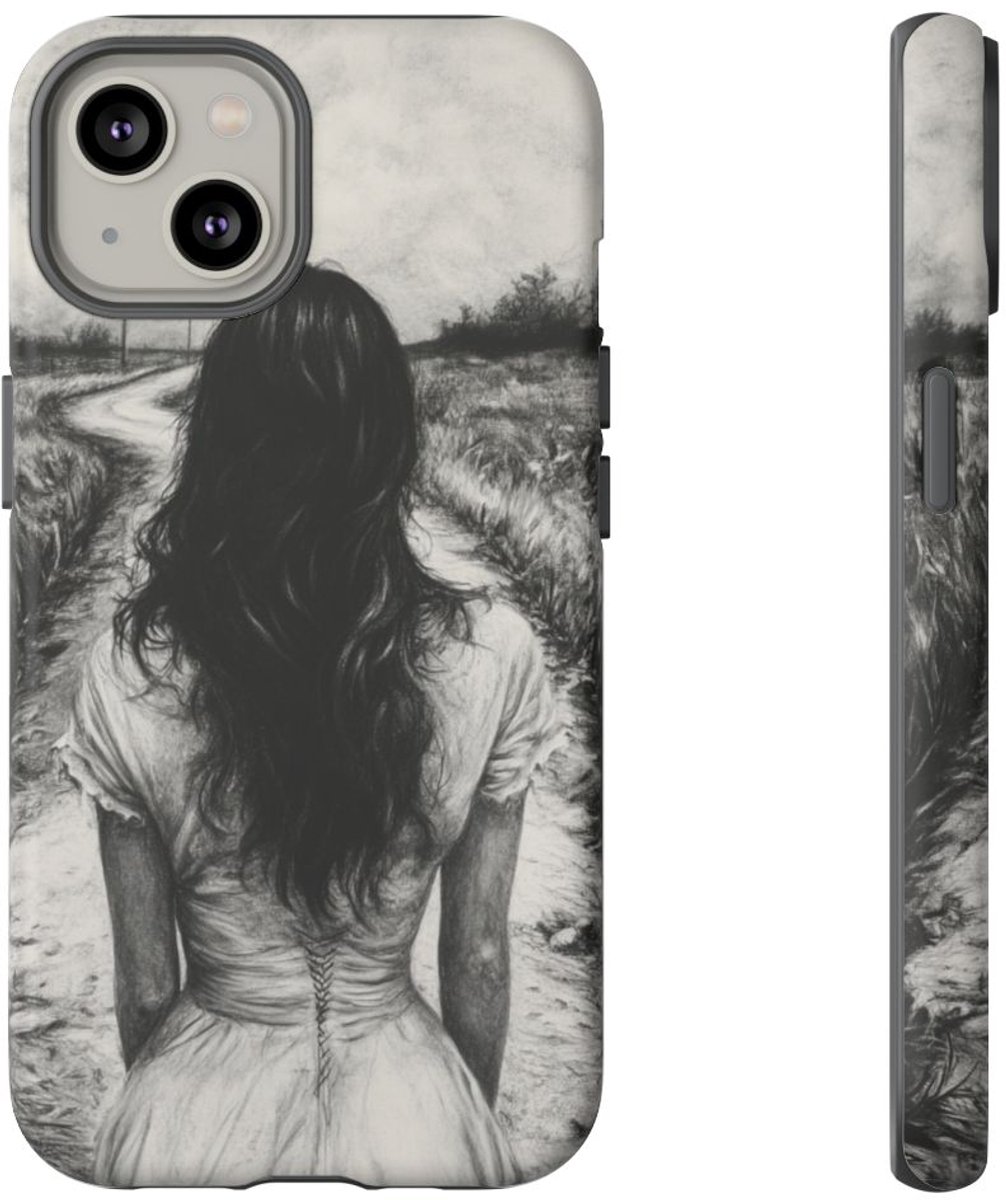 Vrouw op Landweg in Houtskooltekening – Telefoonhoesje Geschikt voor iPhone 14