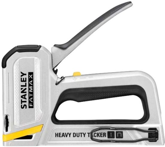 Zilverkleurige Stanley Fatmax Heavy Duty tacker met zwarte handgreep en gele accenten.
