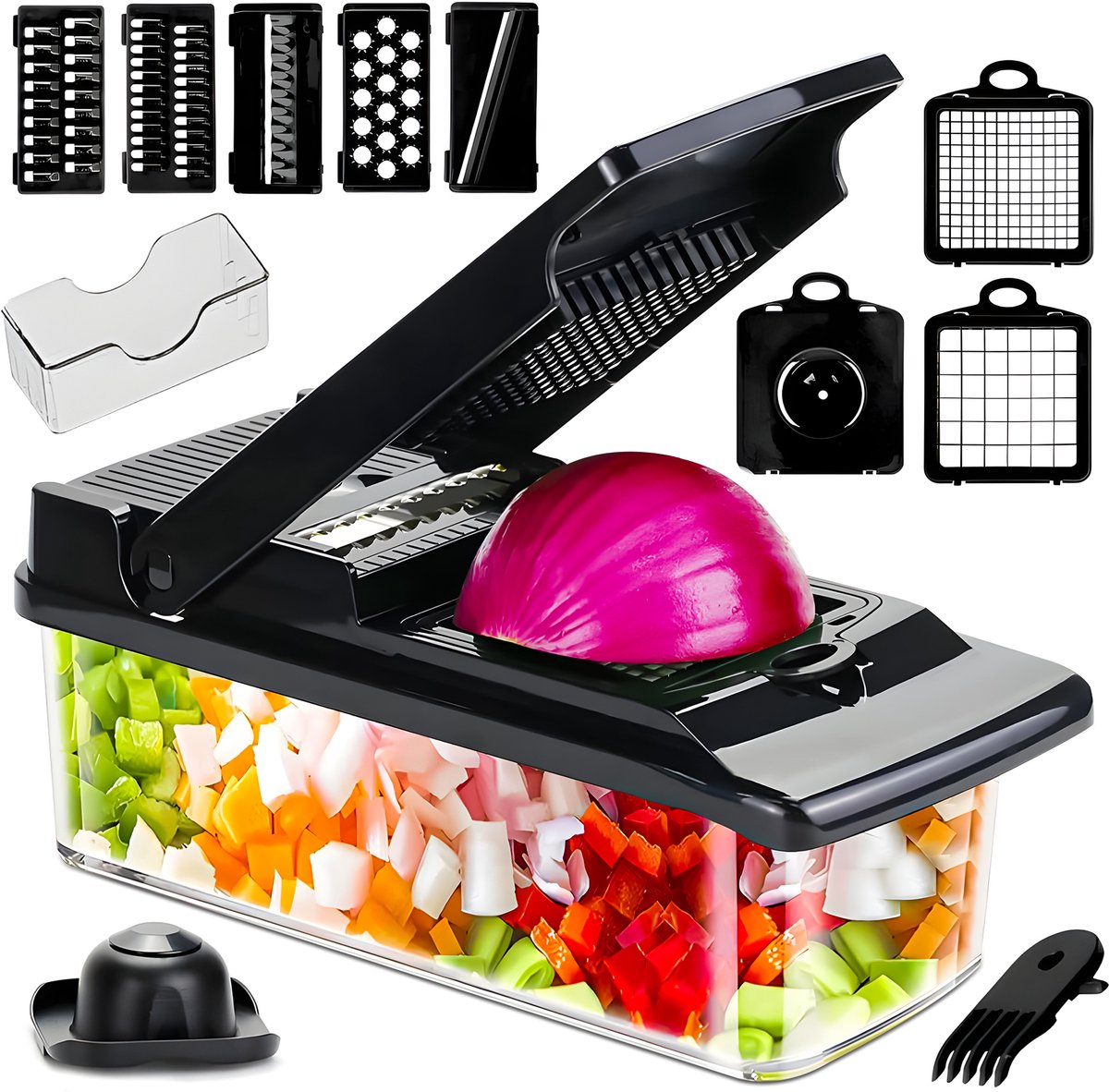 Azorix Groentesnijder 13-in-1 Max – Multifunctionele Keukensnijder – Mandoline – Uiensnijder – Frietsnijder – Spiraalsnijder – 8 Verwisselbare Messen – Afdruiprek – Mes Organizer – Zwart