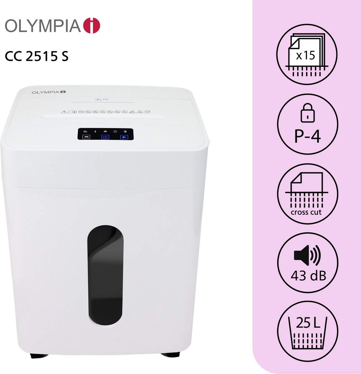 Olympia CC 2515 S Papierversnipperaar - Extreem stil <43dB - Beveiligingsniveau P-4/DIN 66399 - Cross Cut - 25 Liter - Wielen - Kantoor- of thuisgebruik - Wit