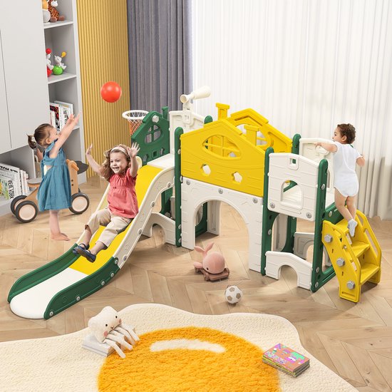 Kinder glijbaan 7-in-1 met basketbalring, basketbal, tuin klimtoestel, telescoop, opbergruimte en kruipboog – peuter glijbaan voor binnen en buiten