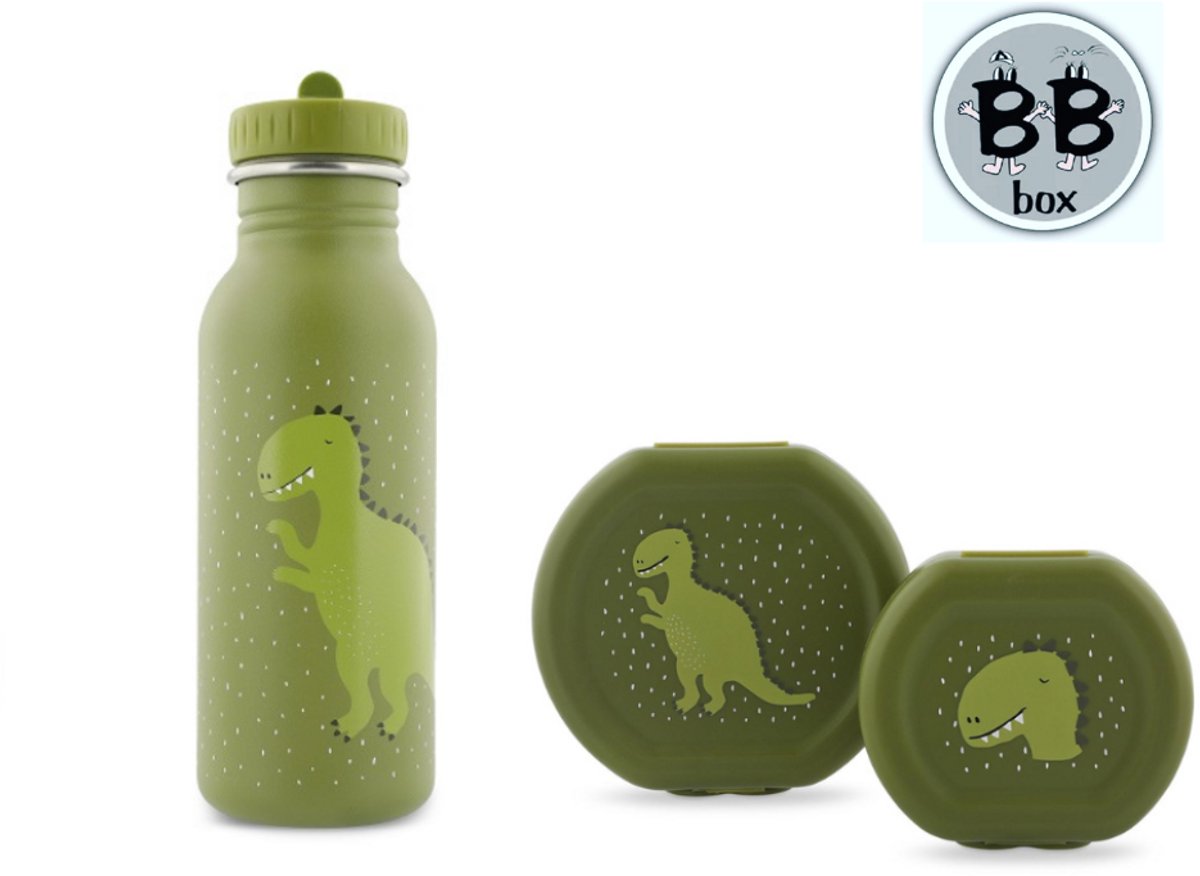 Trixie Set Dino : Stalen drinkfles 500 ml + 2 snacksdoosjes clip
