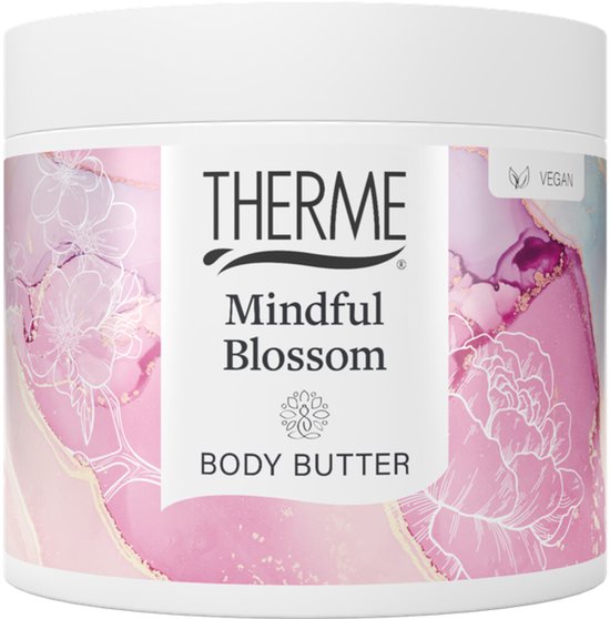 Pot THERME Mindful Blossom Body Butter met roze bloemen en abstracte inktpatronen.
