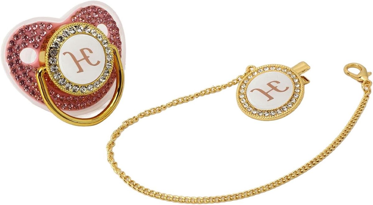 Allecto Premium - Siliconen Babyfopspeen met 26 Letters en Bling Fopspeenklip - Veilig voor Pasgeboren Baby Meisjes - Gebogen Ontwerp met Steentjes