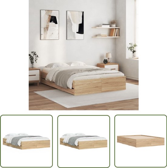 vidaXL Lit en bois - Cadre de lit - Cadre de lit avec tiroirs, Bois, Chêne Sonoma, 120 x 200 cm - Lit avec tiroirs - Chêne Sonoma - Canapé-lit marron