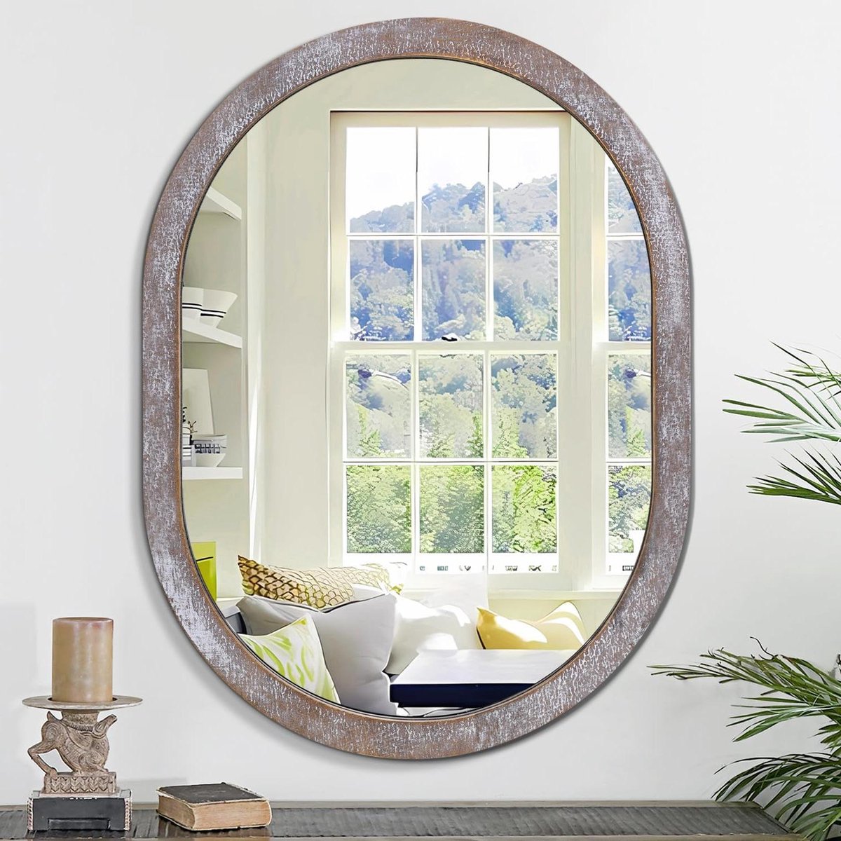 Titel: - Rustieke Bruine Ovale Wandspiegel voor Badkamer en Woonkamer - Horizontaal of Verticaal te Hangen - 40 * 50CM