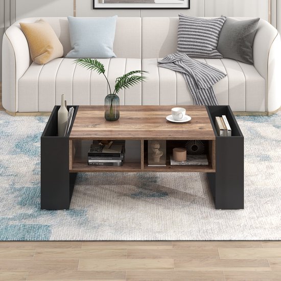Table basse avec rangement Re-purelife® – Aspect bois – Table noire et grise avec tiroir, étagères ouvertes et Compartiments de rangement double face – Table de salon – 111 x 60 cm