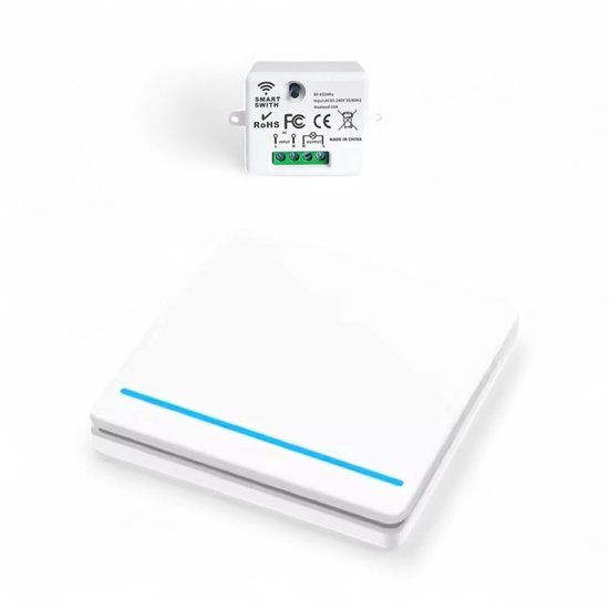 Commutateur sans fil intelligent | Blanc | RF 433 MHz | 1 bouton | Récepteur RF exclusif 10 A | Fixation avec Vis ou Tape double face