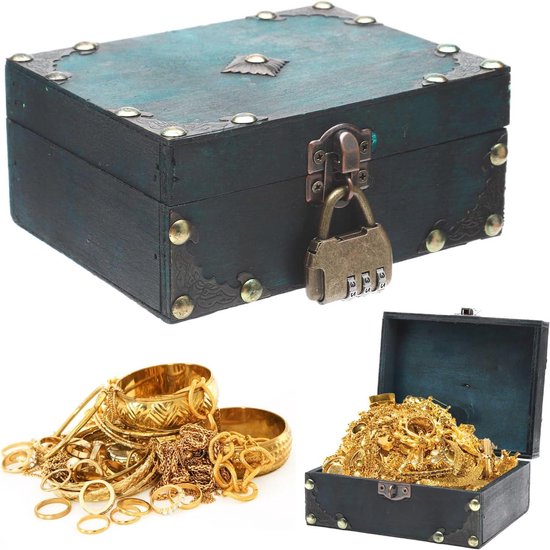 Coffre Au Trésor Pirate En Bois Avec Serrure à Combinaison - Dimensions 21,7x15x13 Cm - Pour Bijoux, Secrets, Décoration Vintage