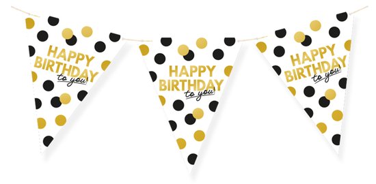 LUQ – Vlaggenlijn Happy Birthday – Wit-Zwart-Goud – 6 m Luxe Verjaardag Feest Versiering – Slinger – Direct Ophangen