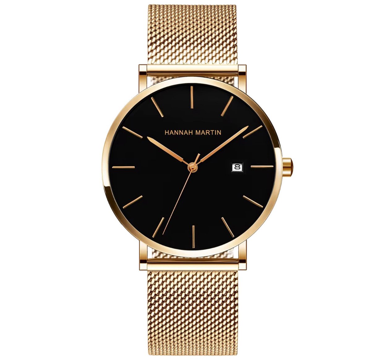 Hannah Martin Goudkleurig Heren Horloge | Zwart Plaat | Verstelbaar | Horloges | Goud Wijzers | Luxe Geschenkdoos |