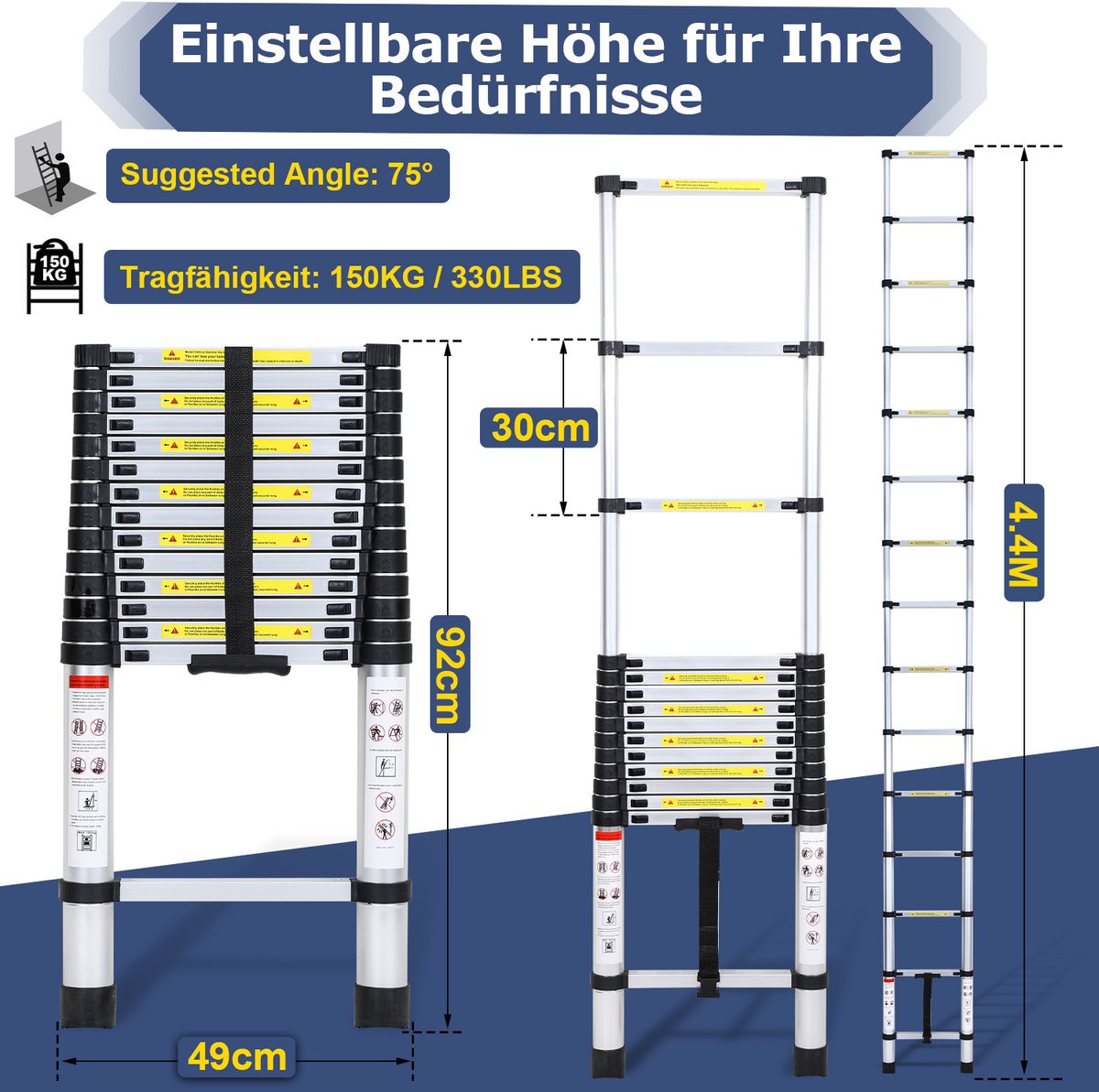 Telescopische Ladder - Telescoopladder - 4,4m zilver, Max. Belasting 150 kg, Compact en Draagbaar met Soft Closing Systeem, Geschikt voor Particulier en Professioneel Gebruik, Telescopische Vouwladder – foto 8