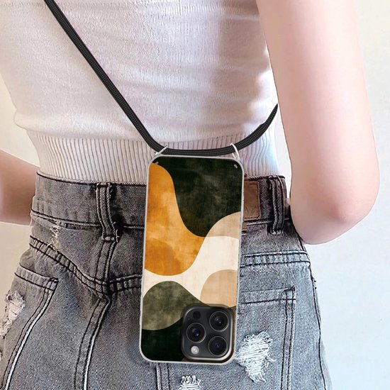 Coque de téléphone compatible avec iPhone 15 Pro - Formes - Jaune ocre - Abstrait - Siliconen - Bandoulière - Coque arrière avec cordon - Coque de téléphone avec cordon - Coque avec corde