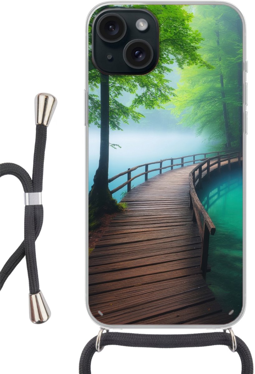Telefoonhoesje Geschikt voor iPhone 15 Plus - Brug - Water - Rivier - Bos - Siliconen - Crossbody - Backcover met Koord - Telefoonhoesje met koord - Hoesje met touw Telefoonhoesje