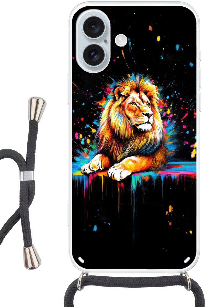 Telefoonhoesje Geschikt voor iPhone 16 Plus met koord - Leeuw - Kleurrijk - Spetters - Siliconen - Crossbody - Backcover met Koord - Telefoonhoesje met koord - Hoesje met touw Telefoonhoesje
