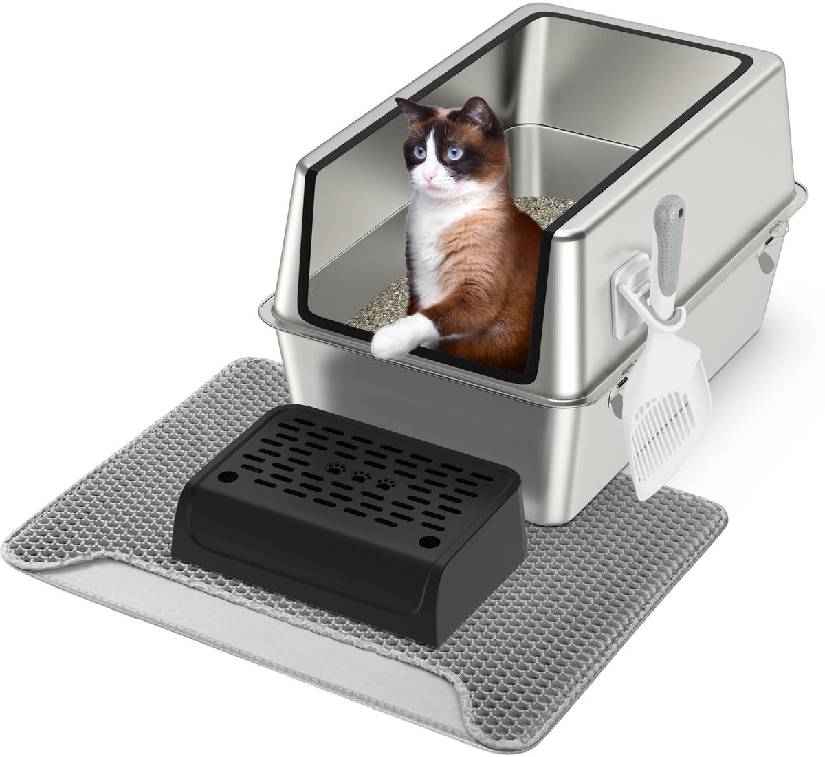 Ibenzoa® Kattenbak met robuuste roestvrijstalen constructie en handige accessoires voor alle kattenmaten