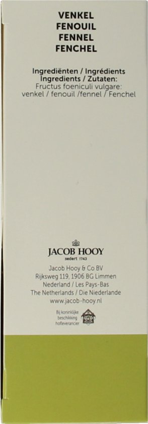 Zijkant doos Jacob Hooy met ingrediëntenlijst. Venkel, kruidendrank.